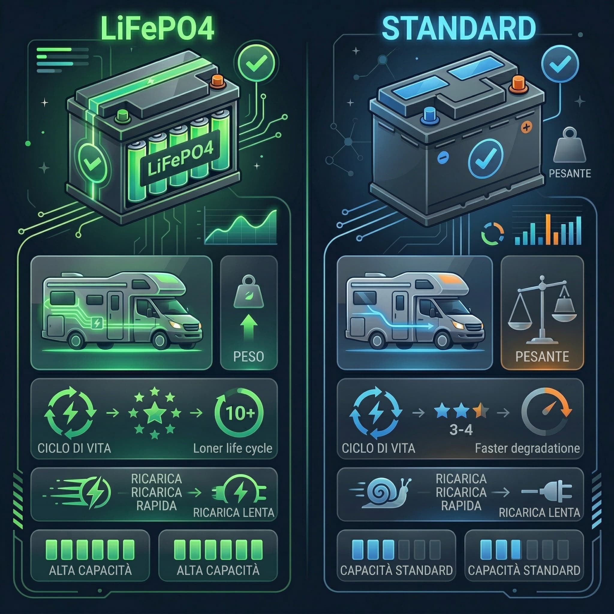 Confronto batteria litio vs piombo AGM Gel per camper