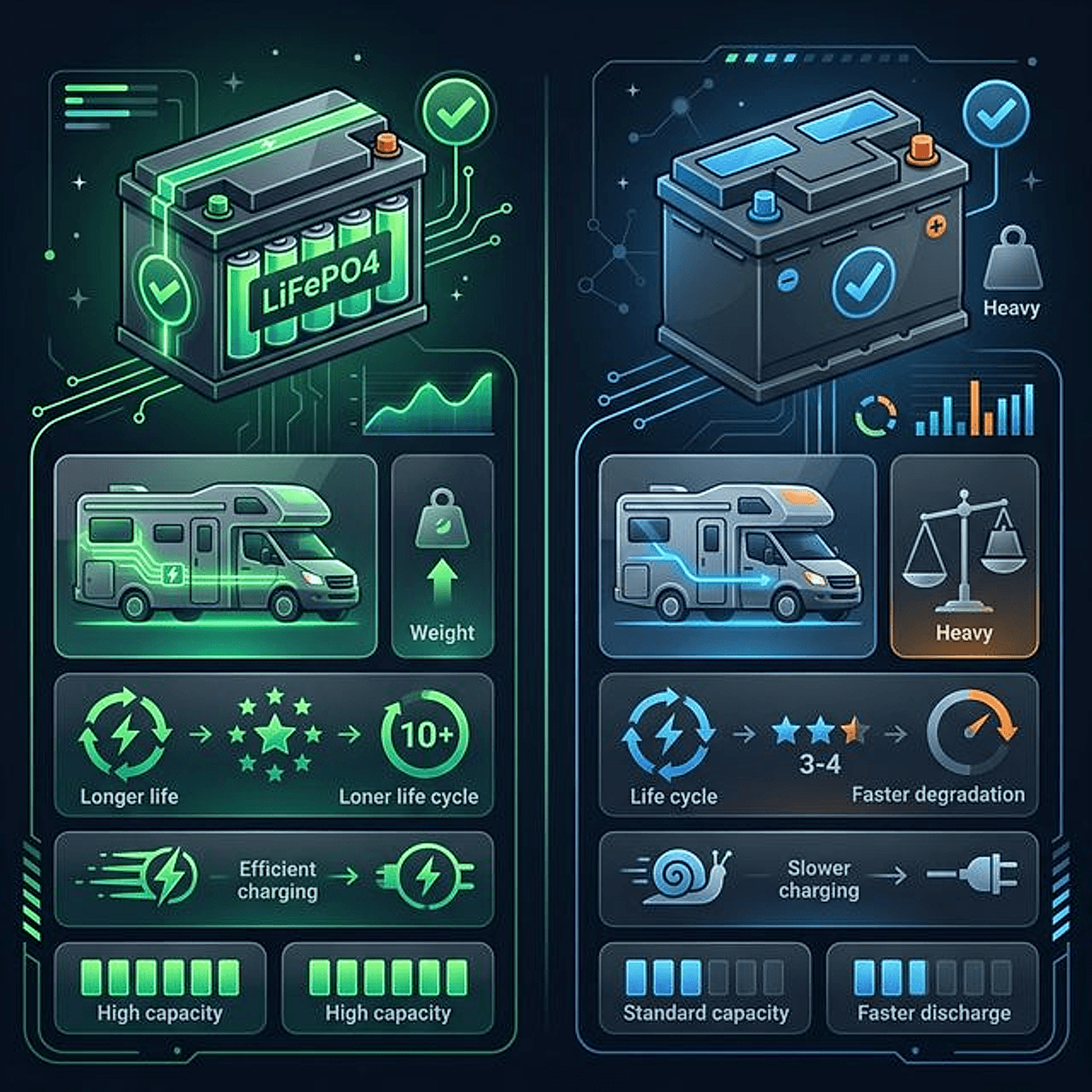 Confronto batteria litio vs piombo AGM Gel per camper