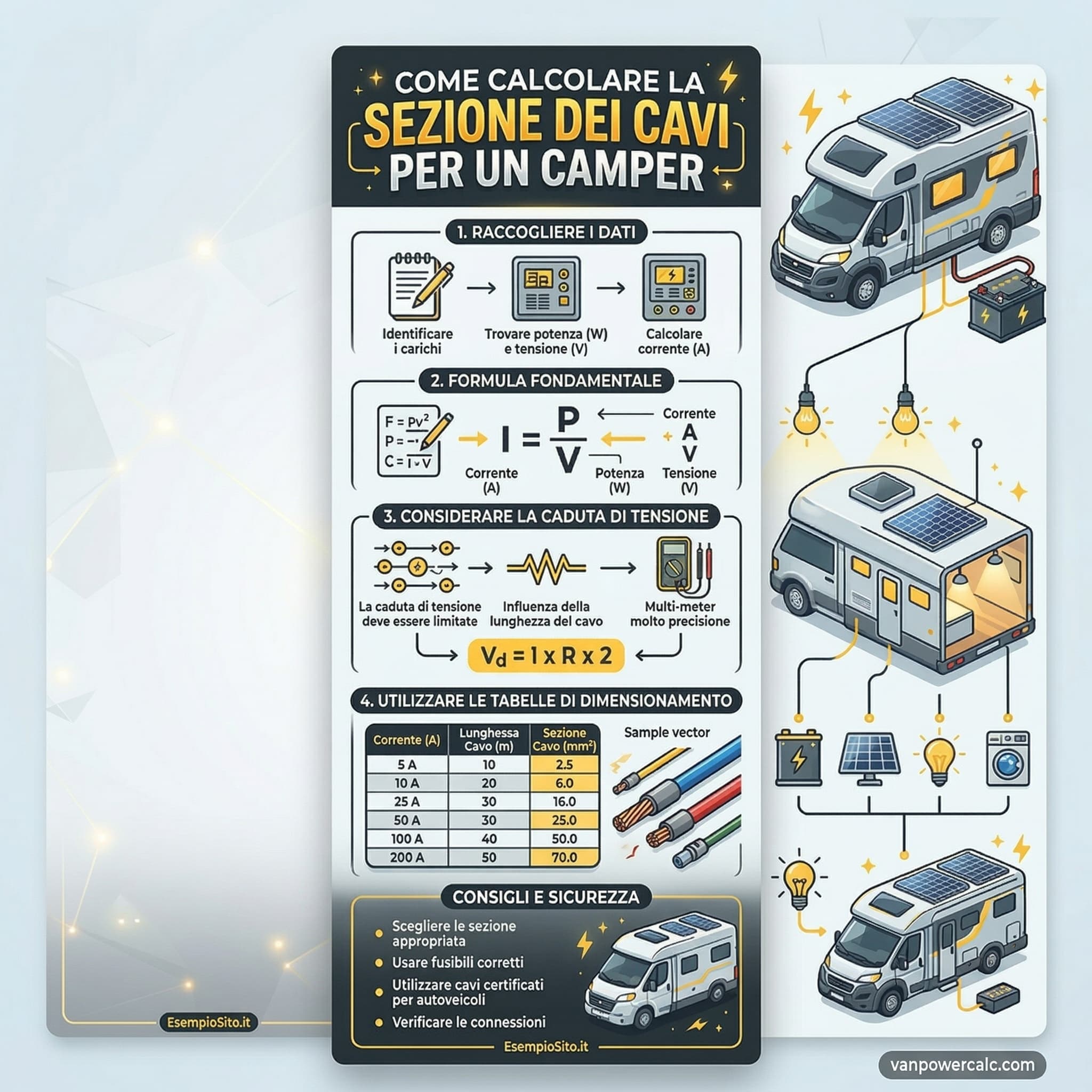 Infografica: calcolo sezione cavi 12V per camper