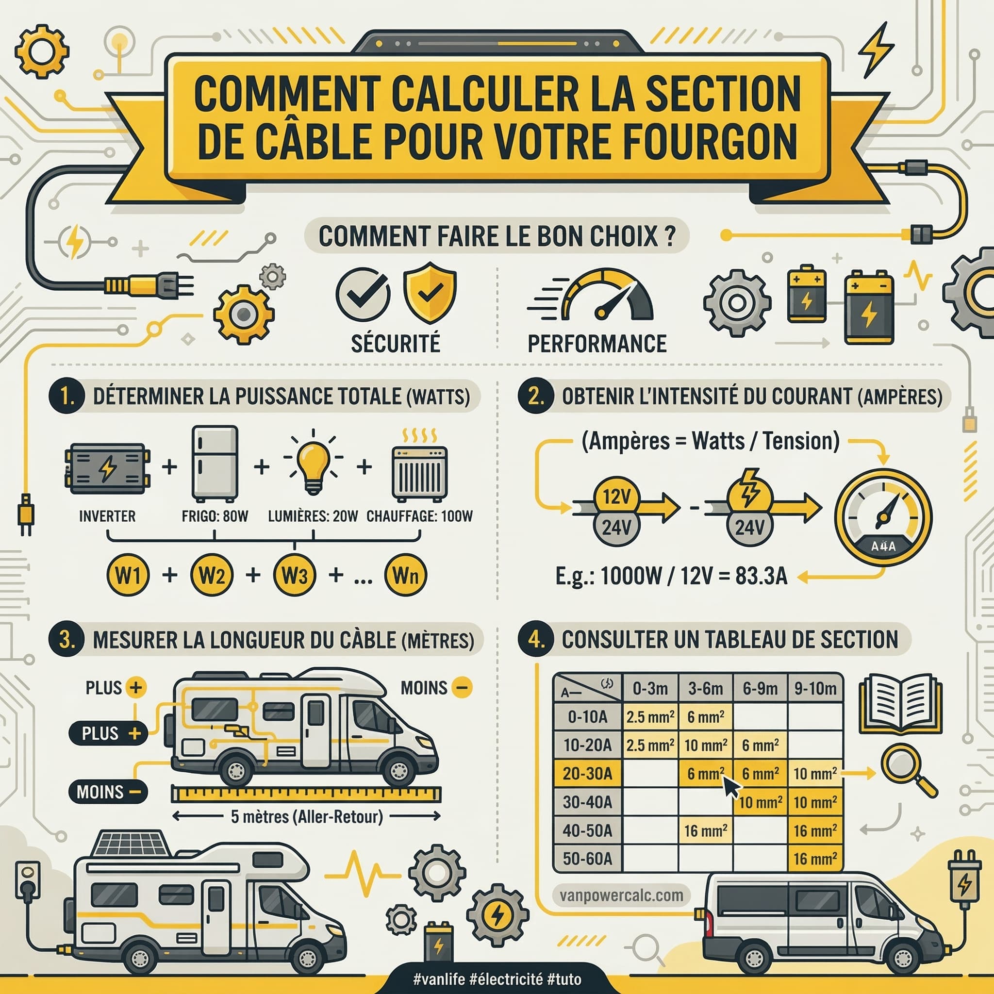 Infographie : calcul de section de câble 12V pour fourgon aménagé