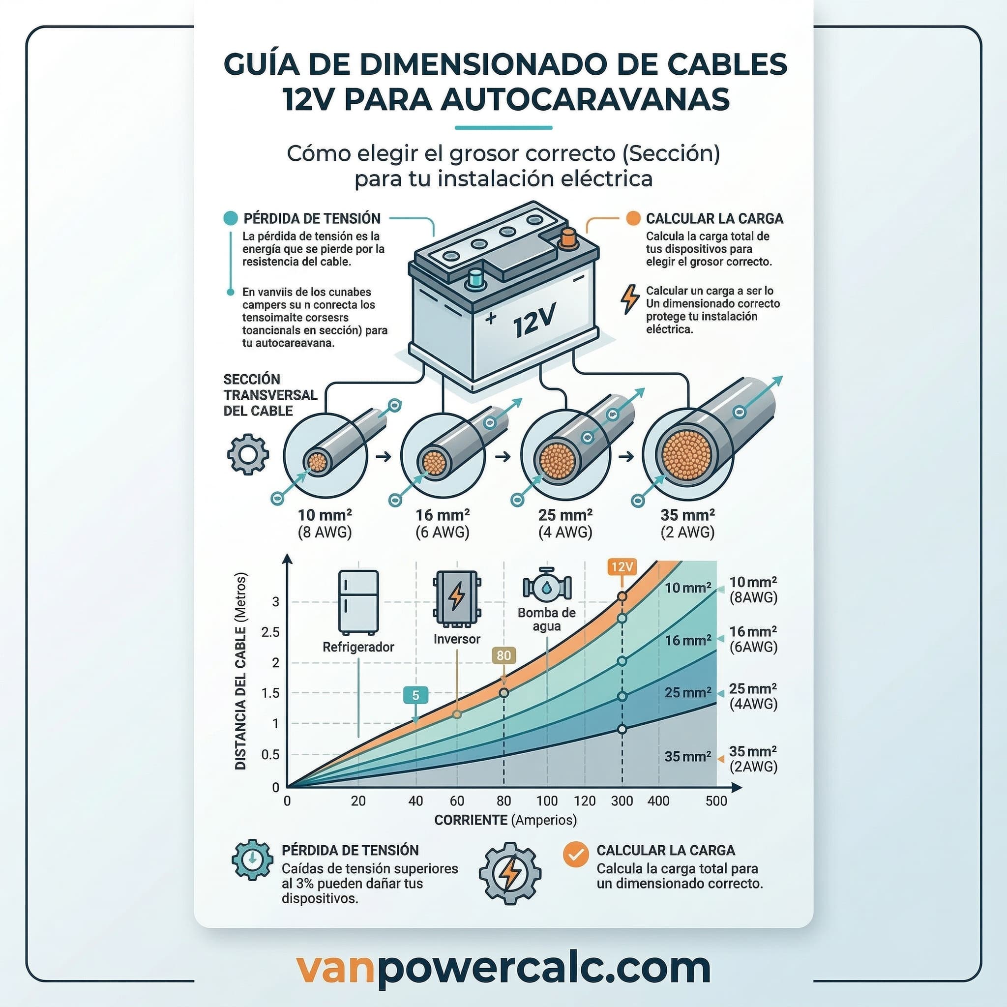 Guía de dimensionado de cables 12V para autocaravanas — vanpowercalc.com