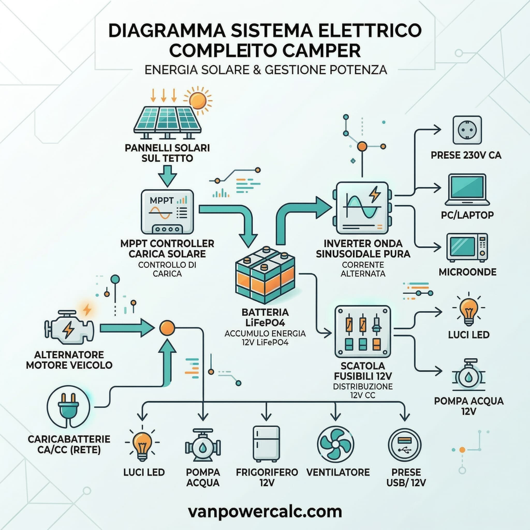 Diagramma sistema elettrico completo camper — vanpowercalc.com