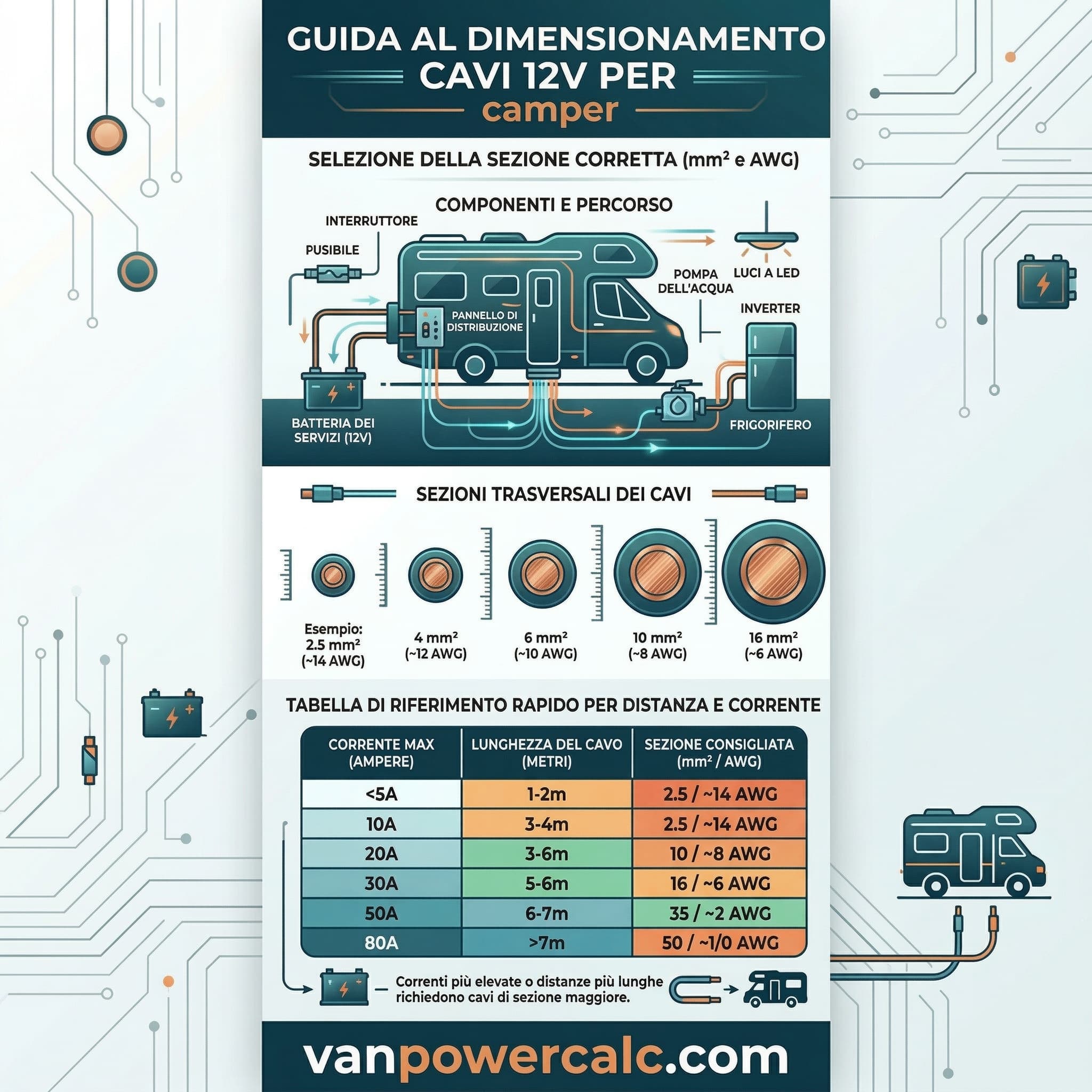 Guida al dimensionamento cavi 12V per camper — vanpowercalc.com