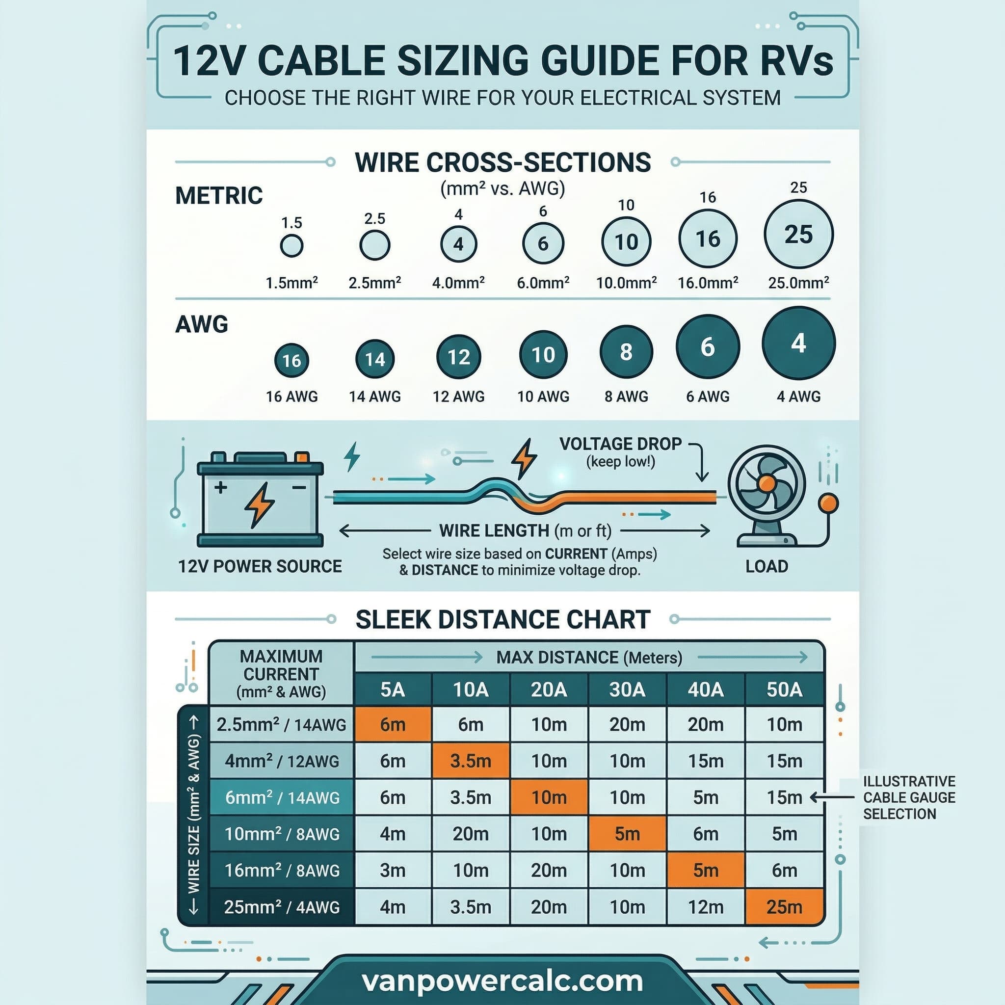 12V cable sizing guide for RVs — vanpowercalc.com