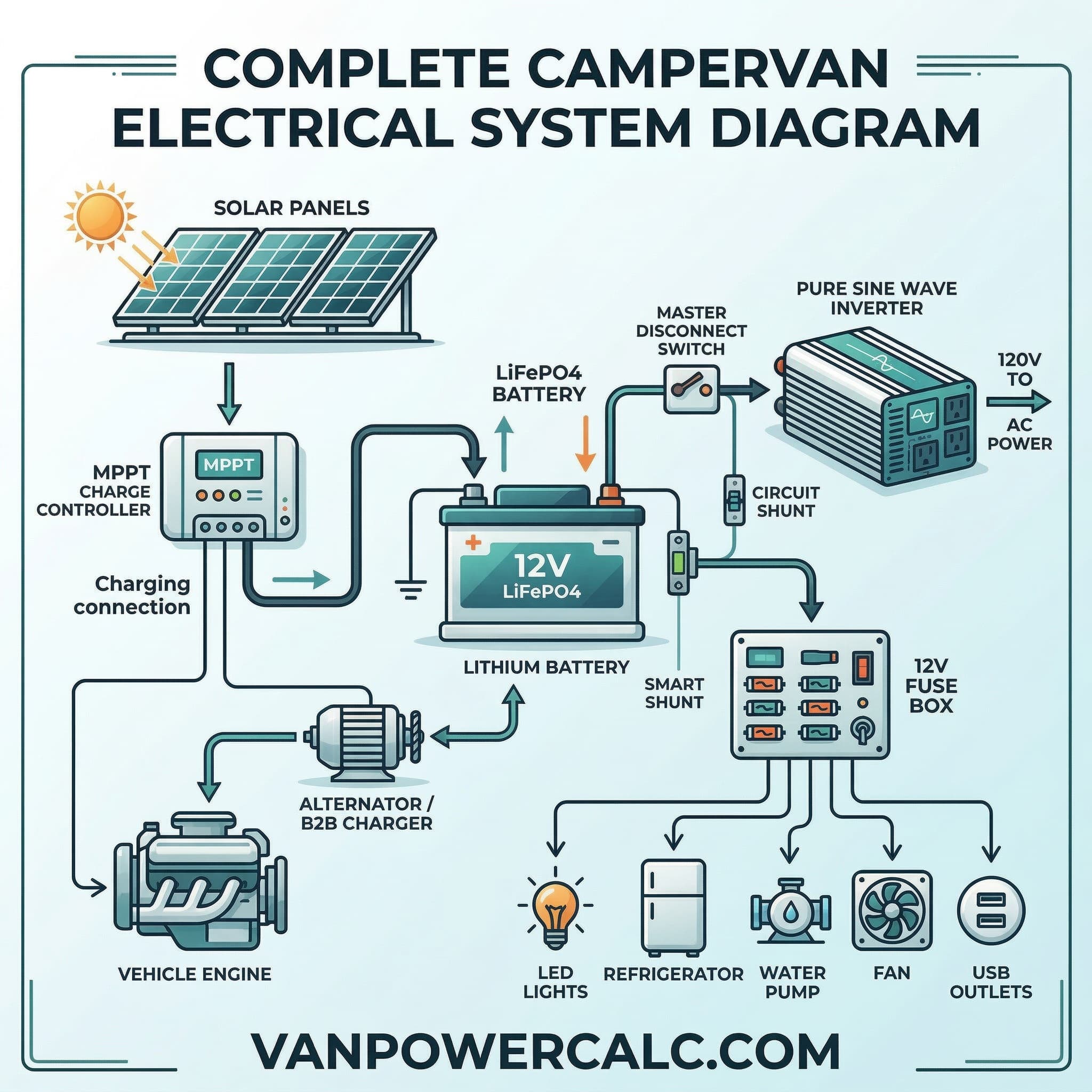 Complete campervan electrical system diagram — vanpowercalc.com