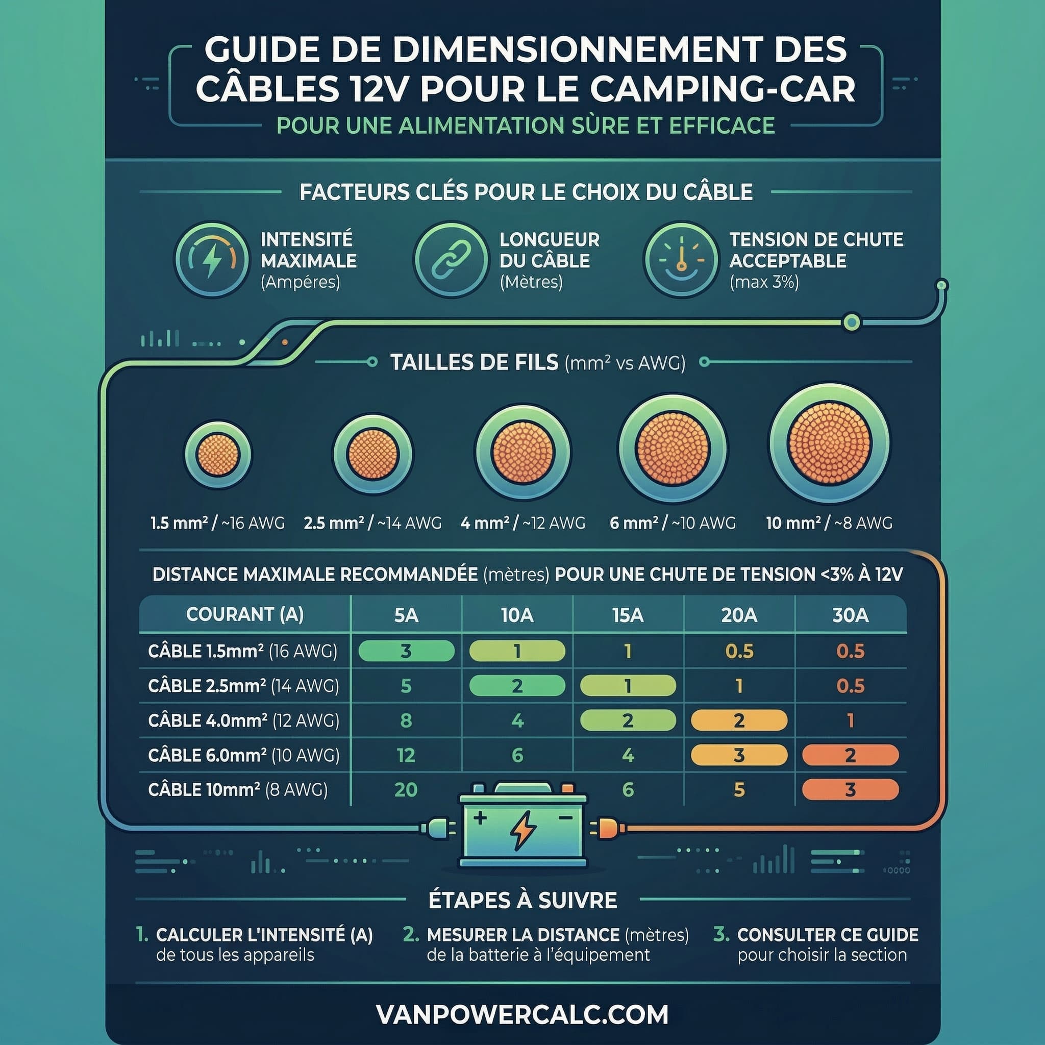 Guide de dimensionnement des câbles 12V pour camping-car — vanpowercalc.com