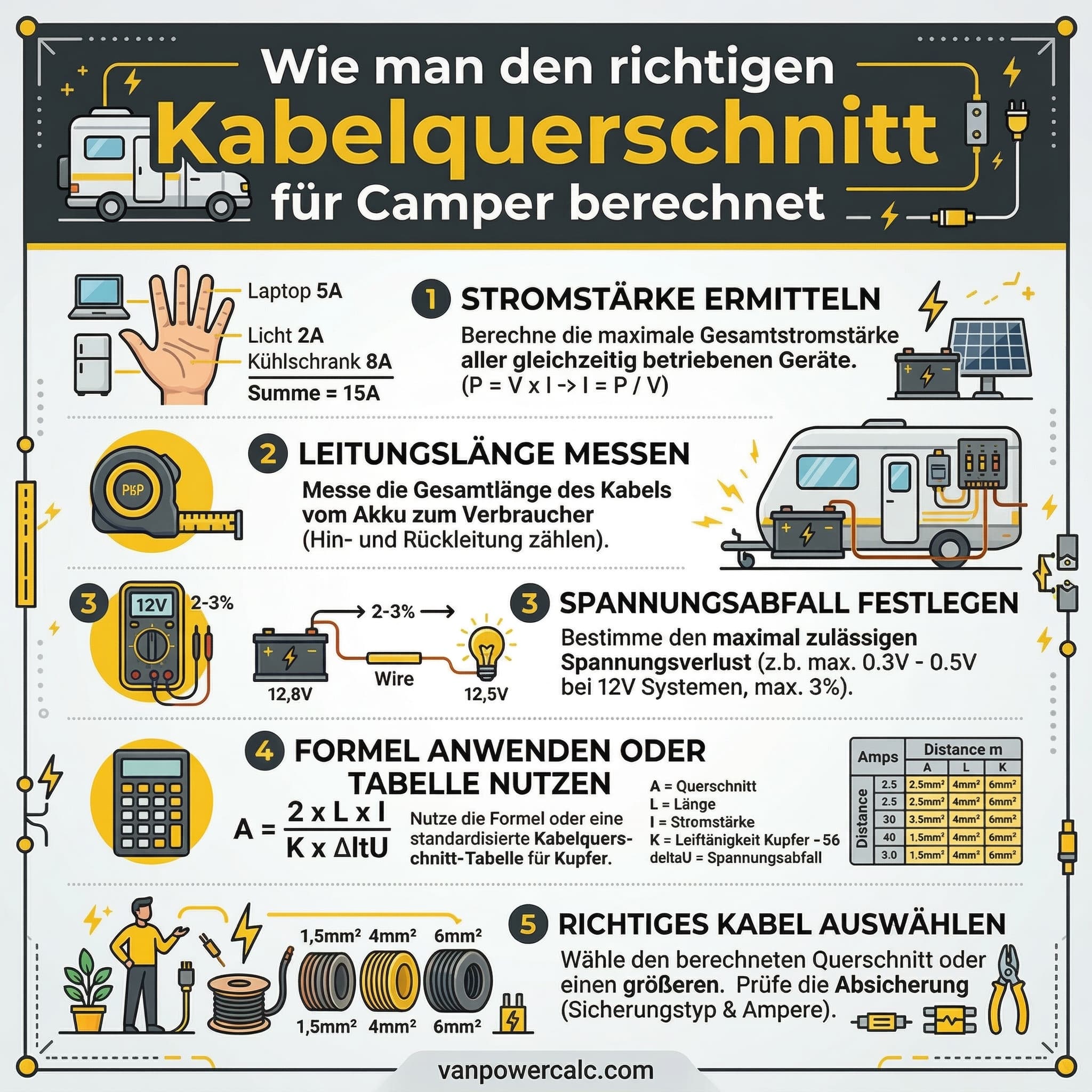 Infografik: Kabelquerschnitt-Berechnung 12V Wohnmobil