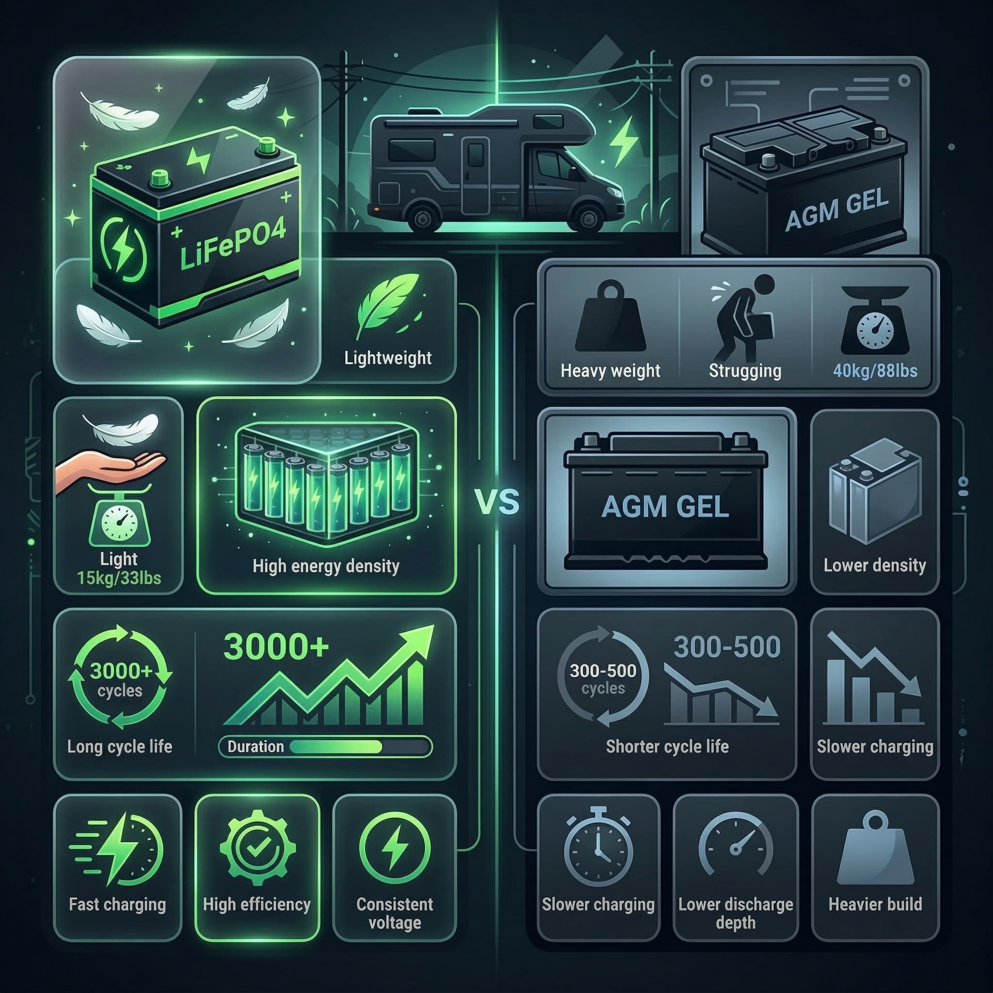 Lithium vs lead-acid AGM Gel battery comparison for campervan